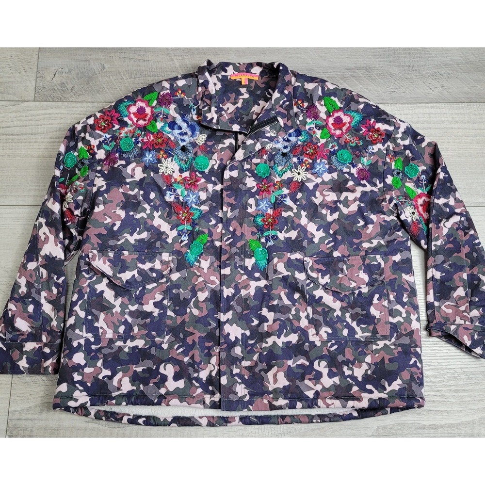 Anthropologie Vilagallo Jacket Womens L Embroidered Camo Sequin Boho Maximalist